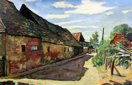 Llewellyn Petley-Jones (1908-1986) Barns at Wraysbury, 20 x 30in,